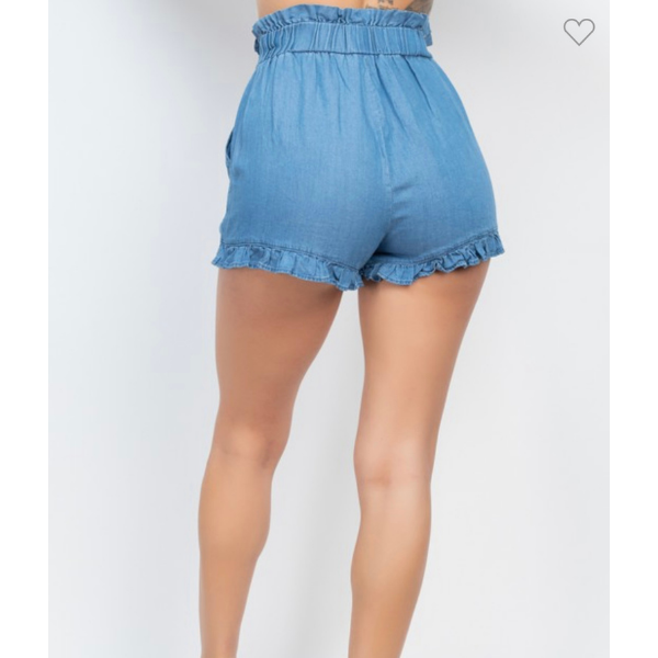 Elastic Ruffled Hem Denim Shorts
