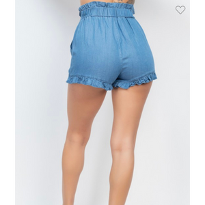 Elastic Ruffled Hem Denim Shorts