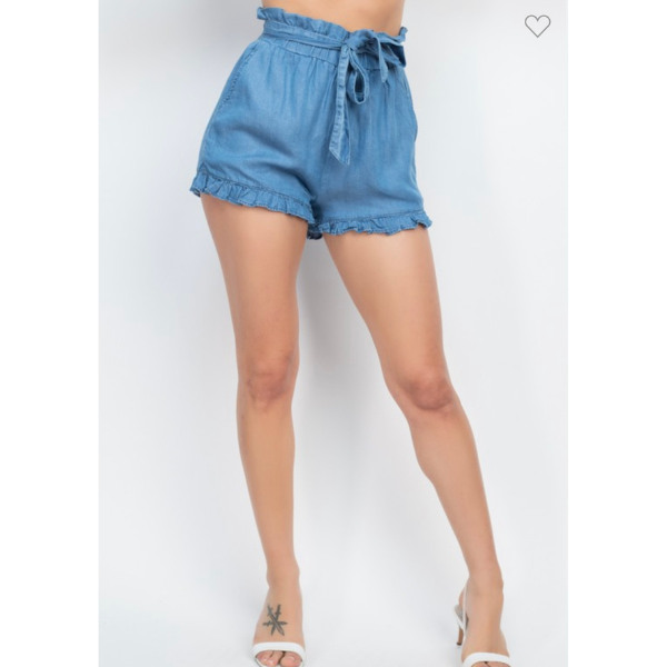 Elastic Ruffled Hem Denim Shorts