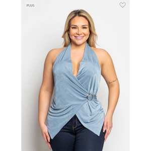 Slinky Knit Surplice Halter Top With Side Buckle Detail